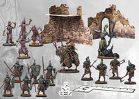 Contents for the Conquest Old Dominion Warband 2026 First Blood New Edition containing plastic miniatures dice and 3D terrain. Christchurch NZ.