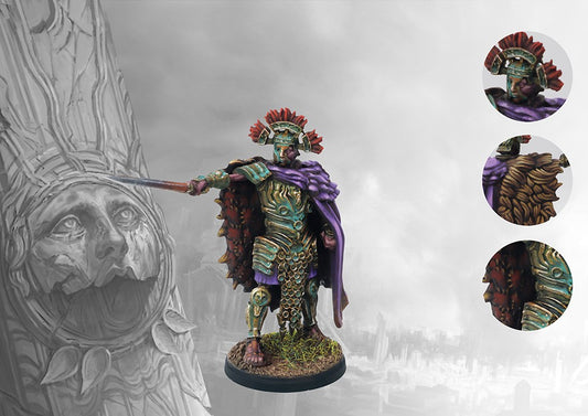 A fully painted Old Dominion Xhiliarch miniature for Conquest, shown from the front with detail callouts of the Roman-style helmet, lion pelt, and armor.