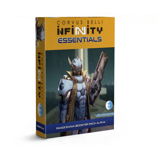 The product box for the Infinity PanOceania Booster Pack Alpha, containing 3 metal miniatures. Available at Charon Games NZ.