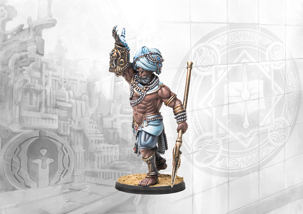 A close-up of the painted Sorcerer Kings Ghilman miniature from Conquest: Fanning the Fire, wearing a turban and holding a spear.