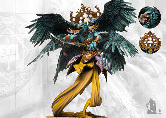 A fully painted Sorcerer Kings Trinavarta Sabhagrih miniature, a large, blue-skinned, winged creature with four arms and two swords, with detail callouts.