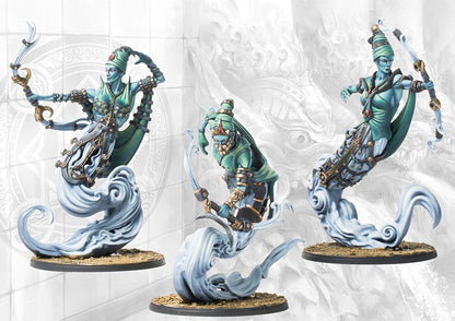Three individual Sorcerer Kings Windborne Djinn miniatures on round bases, showcasing the dynamic archery poses and alternate head options.
