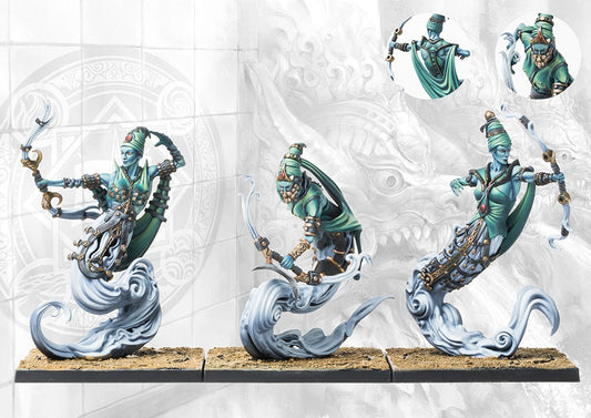 A fully painted unit of three Sorcerer Kings Windborne Djinn miniatures on square bases, depicted as female genies with bows, emerging from smoke.