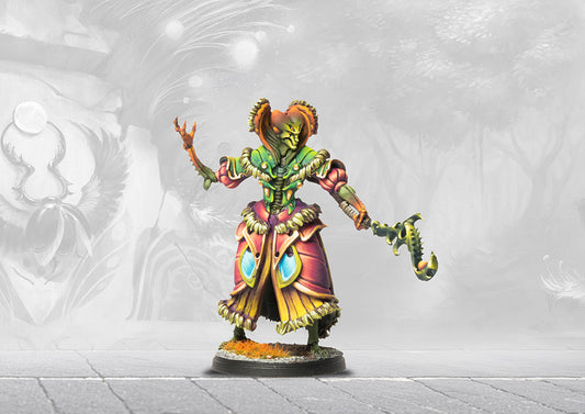 Painted Taosidhe miniature from Weaver Courts showing front detail and staff.