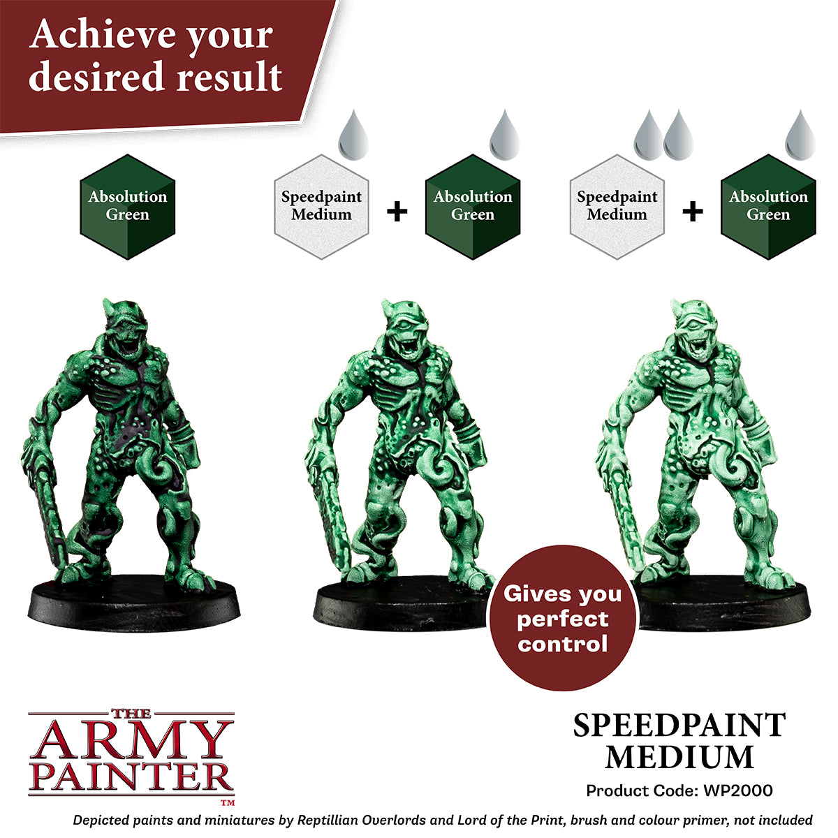Three green figurines with painting instructions and 'The Army Painter' branding.