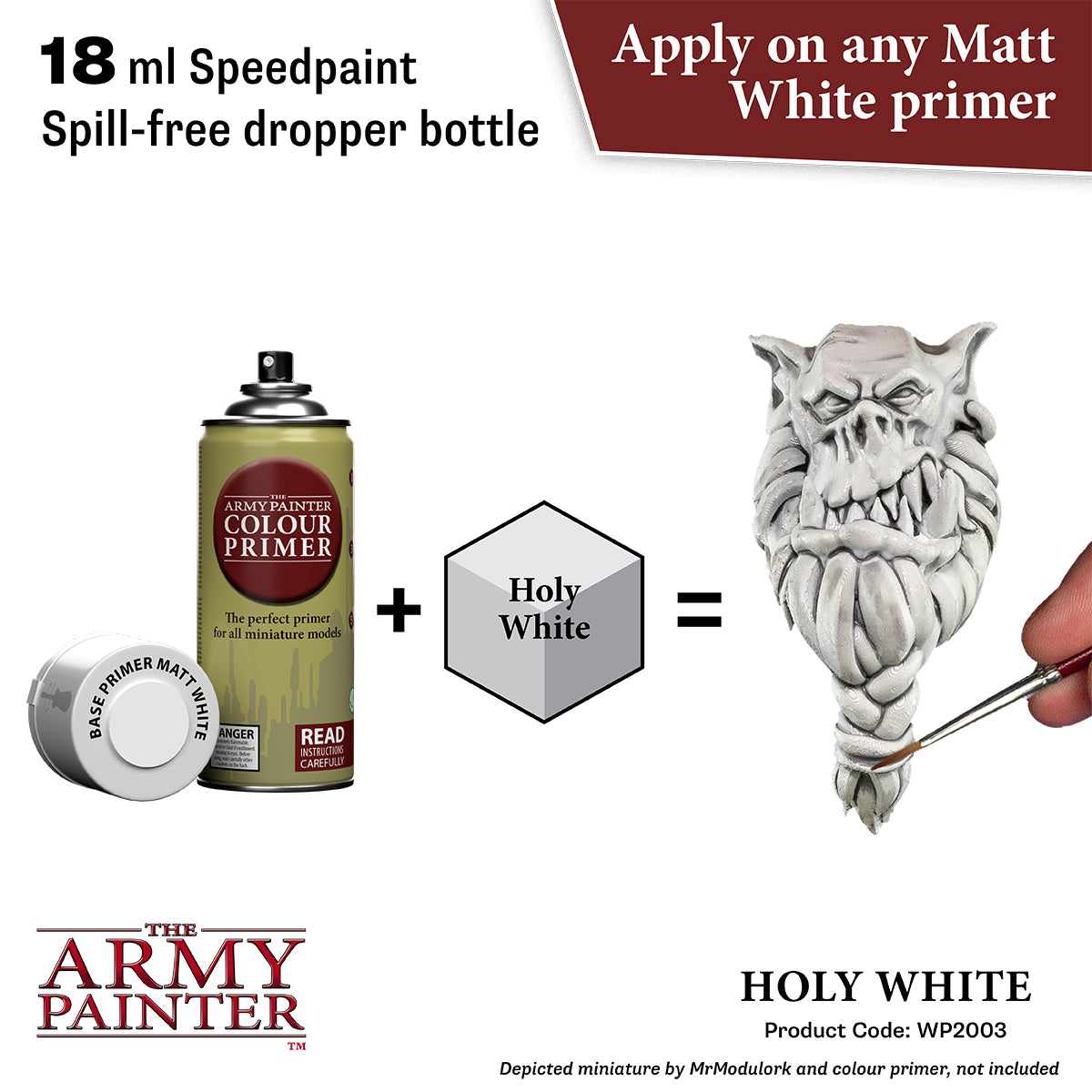 Product advertisement for 'The Army Painter' Holy White speedpaint with a can and primer bottle.