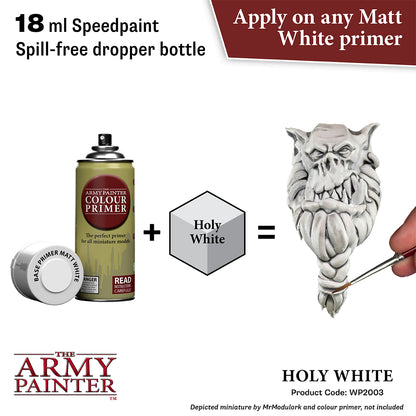 Product advertisement for 'The Army Painter' Holy White speedpaint with a can and primer bottle.