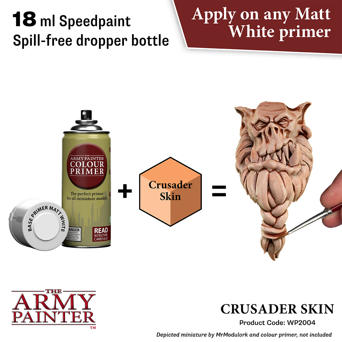 The Army Painter color primer bottle with a model figure and text on a white background