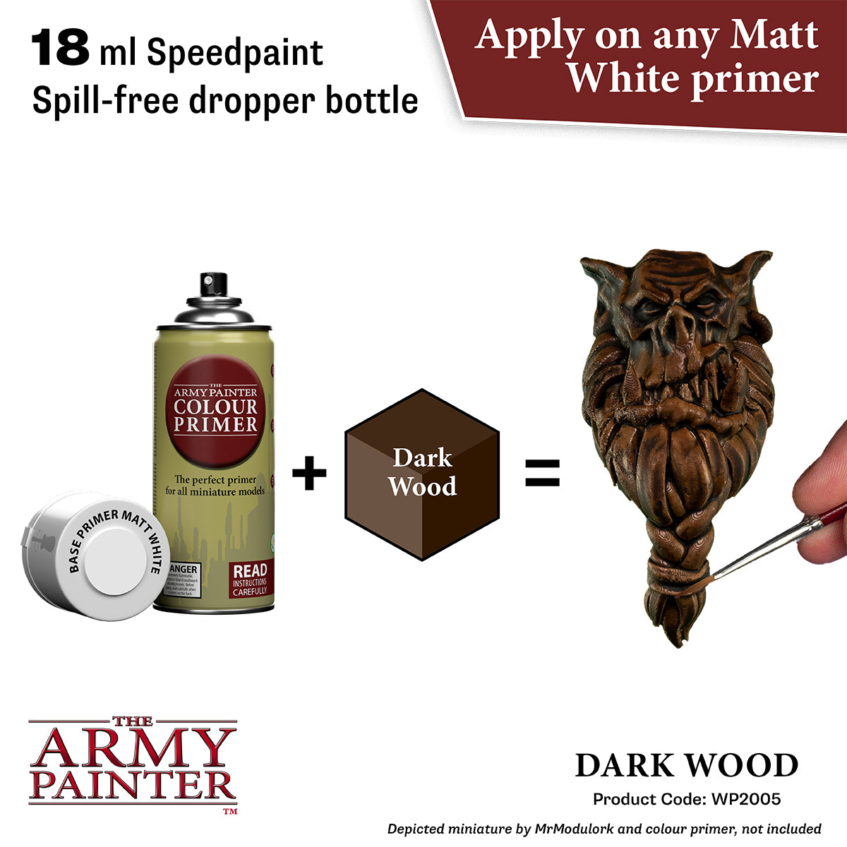 Product advertisement for 'The Army Painter' speedpaint with a dropper bottle, primer, and dark wood color swatch.