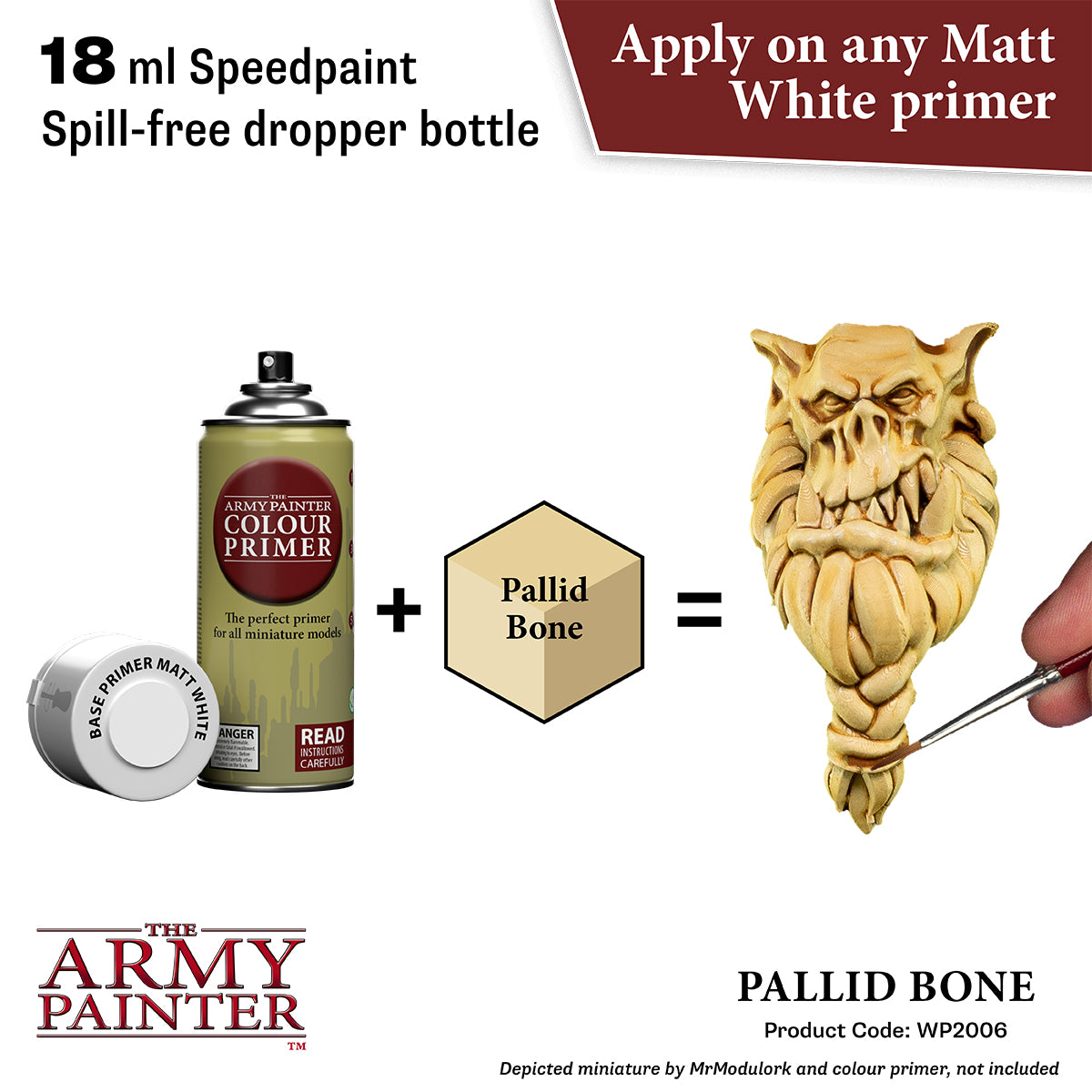 The Army Painter color primer with a dropper bottle and a miniature figure of Pallid Bone.