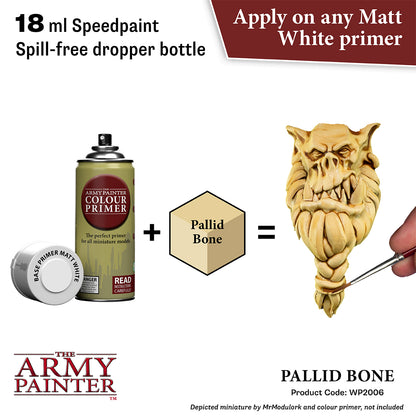 The Army Painter color primer with a dropper bottle and a miniature figure of Pallid Bone.