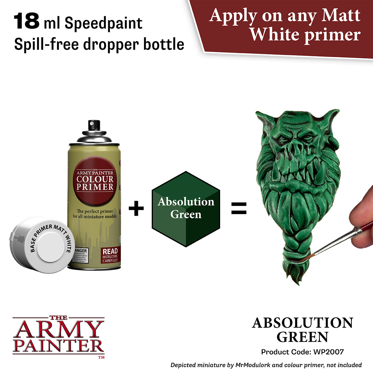 Green miniature figure being painted with a can of Army Painter Colour Primer and a bottle of Absolution Green paint.