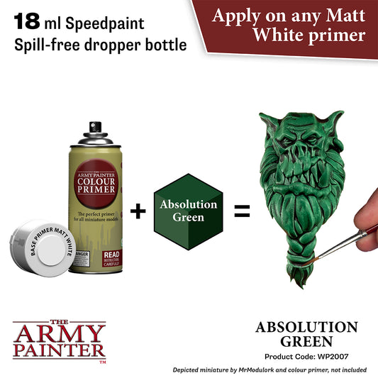 Green miniature figure being painted with a can of Army Painter Colour Primer and a bottle of Absolution Green paint.