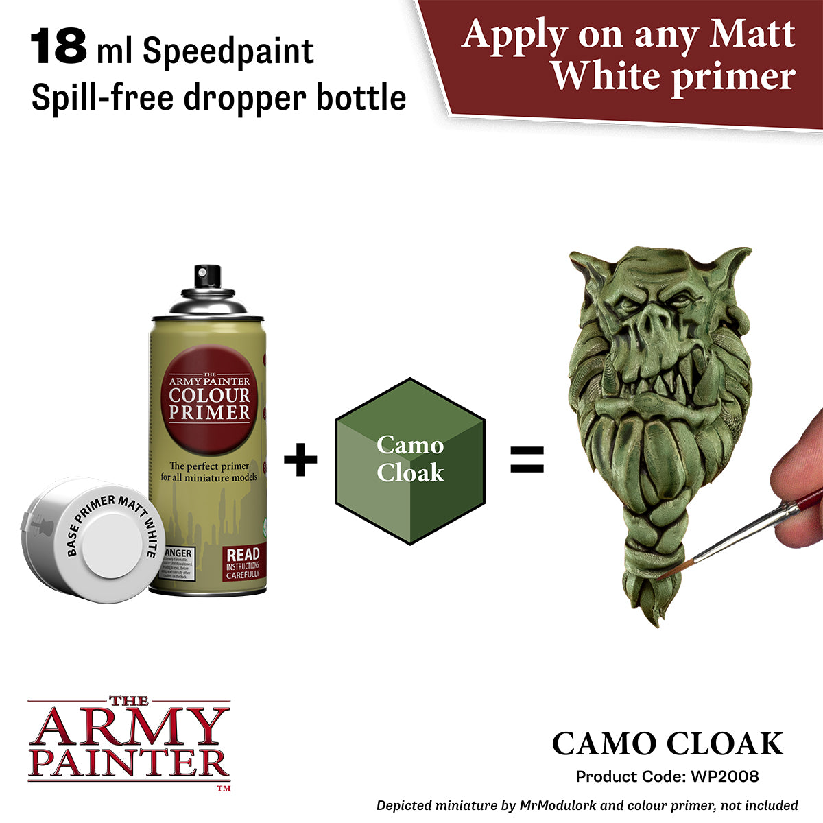 Product advertisement for 'Camo Cloak' with Army Painter primer and dropper bottle.