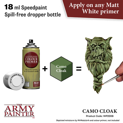 Product advertisement for 'Camo Cloak' with Army Painter primer and dropper bottle.