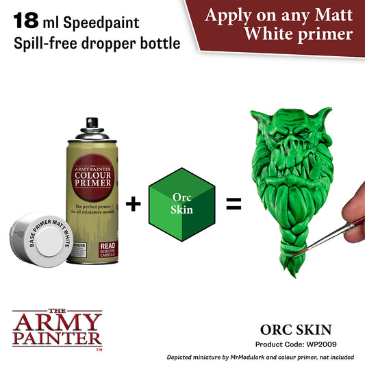 Green orc skin miniature being painted with Army Painter primer and speedpaint.