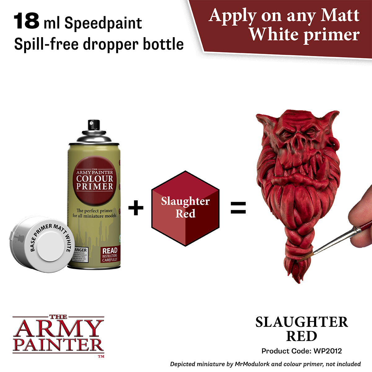 The Army Painter color primer and Slaughter Red paint for miniatures, with a product code WP2012.