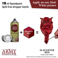 The Army Painter color primer and Slaughter Red paint for miniatures, with a product code WP2012.