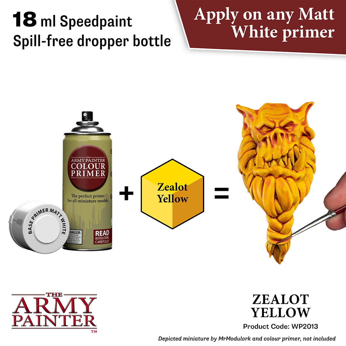 Product advertisement for 'The Army Painter' Zealot Yellow paint with a dropper bottle and primer.