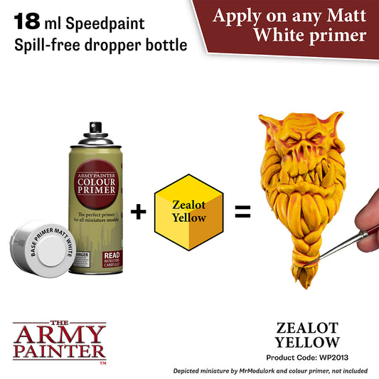 Product advertisement for 'The Army Painter' Zealot Yellow paint with a dropper bottle and primer.