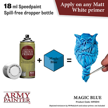 Advertisement for 'Magic Blue' paint by The Army Painter with a dropper bottle and primer.
