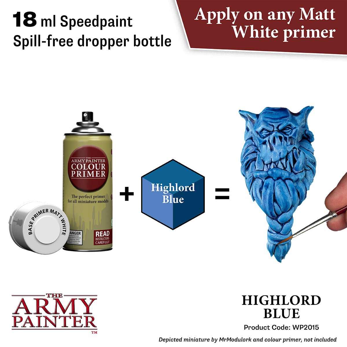 The Army Painter color primer and Highlord Blue paint for miniatures on a white background