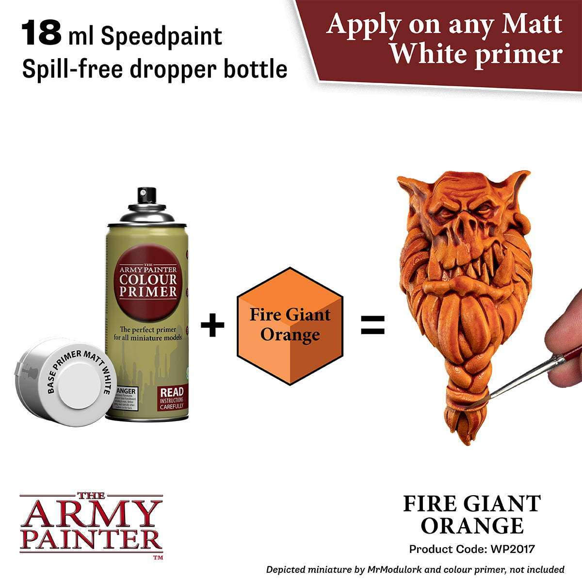 The Army Painter color primer bottle with a fire giant orange color swatch and text on a white background.