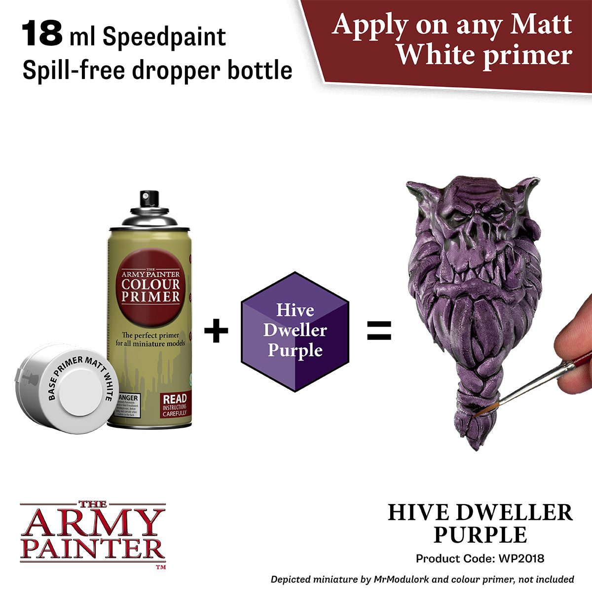 Advertisement for 'Hive Dweller Purple' paint color by The Army Painter, showing a can of primer and a purple miniature figure.