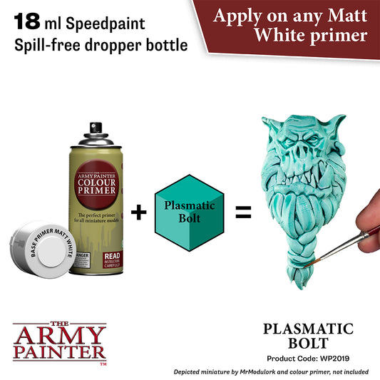 Product advertisement for 'The Army Painter' speedpaint with a dropper bottle, primer, and plasmatic bolt.