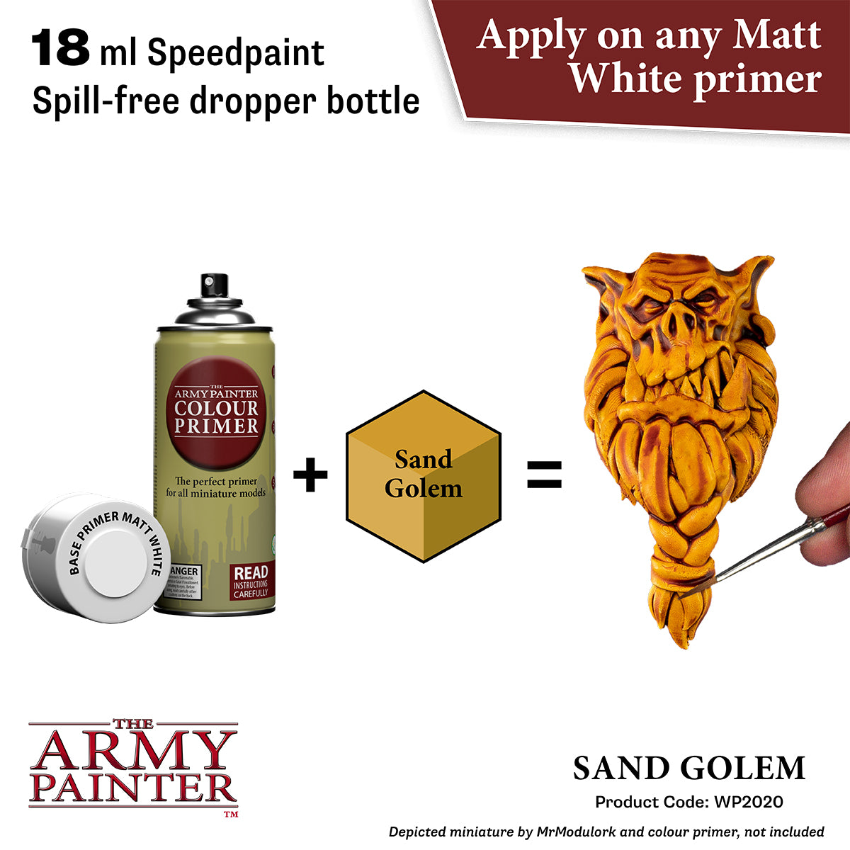 Product advertisement for 'The Army Painter' sand golem kit with primer and paint bottle.