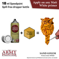 Product advertisement for 'The Army Painter' sand golem kit with primer and paint bottle.