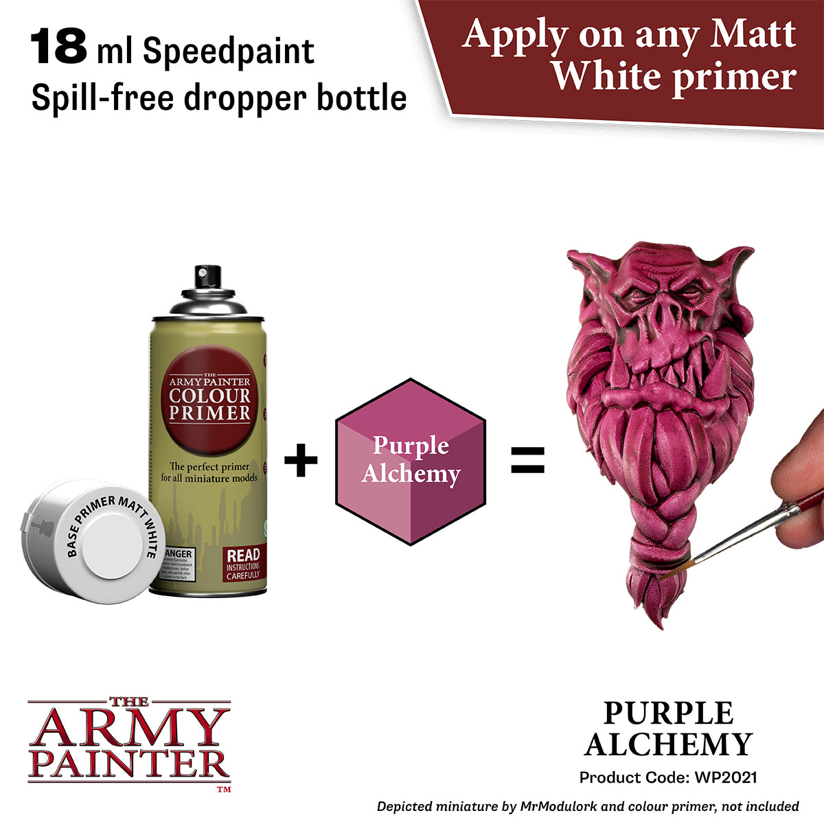 Product advertisement for 'Purple Alchemy' paint by The Army Painter, showing a can of primer and a painted miniature.