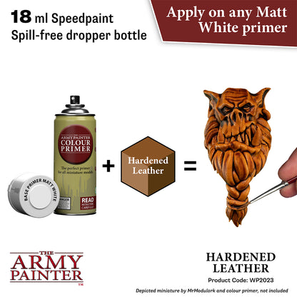 Advertisement for 'The Army Painter' speedpaint with a dropper bottle, hardened leather, and a wooden mask.
