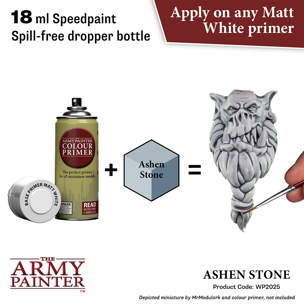 The Army Painter color primer can with a dropper bottle and a miniature figure being painted, labeled 'Ashen Stone'.
