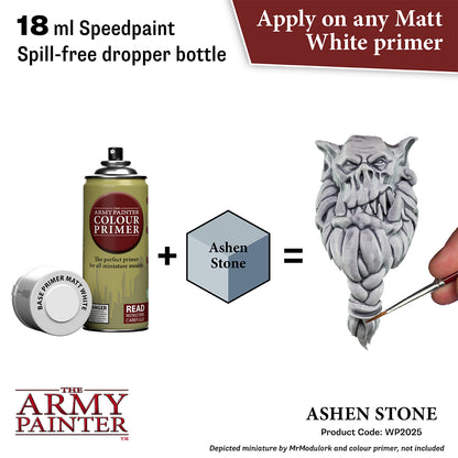 The Army Painter color primer can with a dropper bottle and a miniature figure being painted, labeled 'Ashen Stone'.