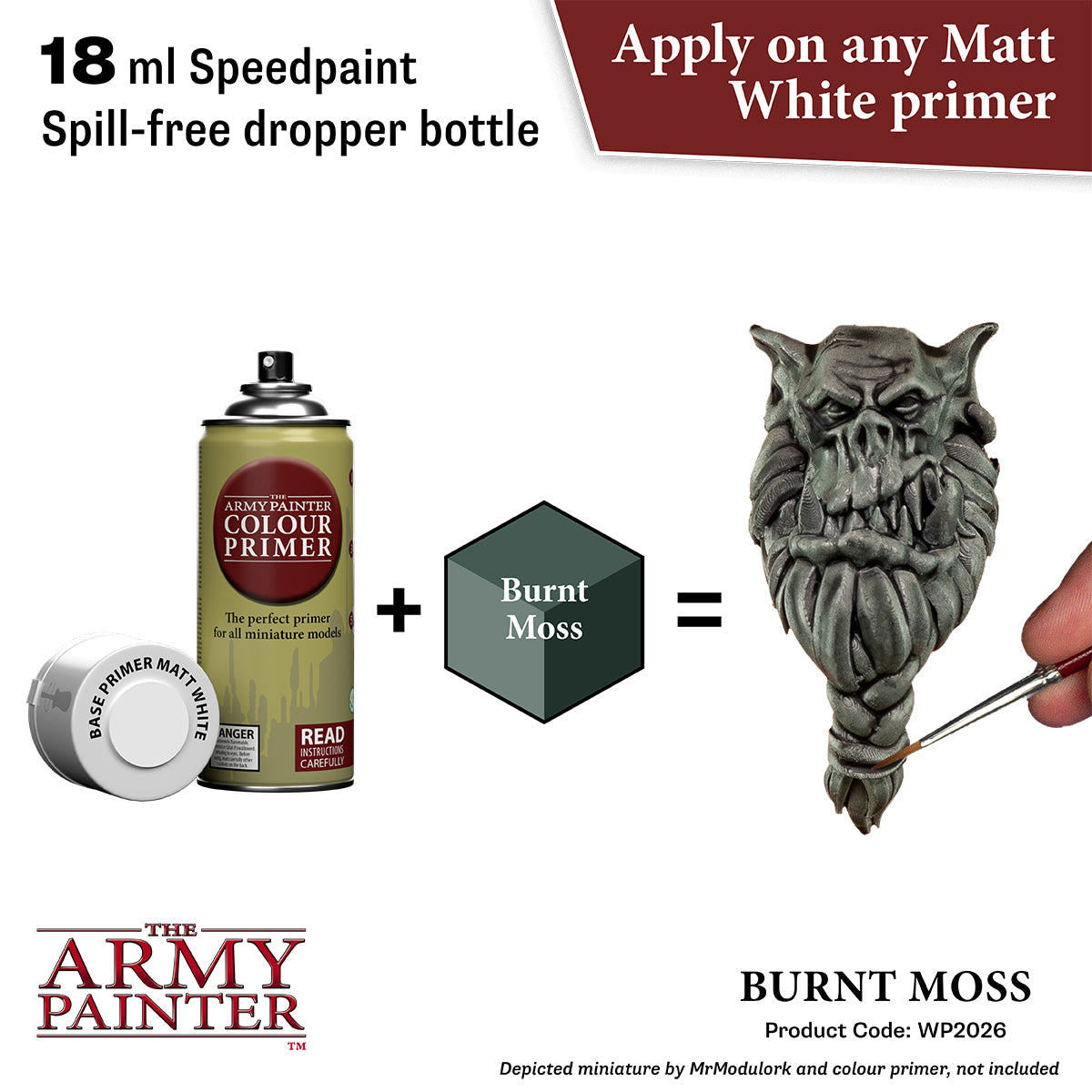 The Army Painter color primer with a dropper bottle, burnt moss color swatch, and a miniature figure being painted.