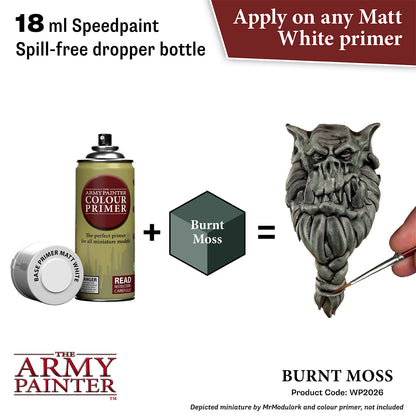 The Army Painter color primer with a dropper bottle, burnt moss color swatch, and a miniature figure being painted.