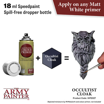 Product advertisement for 'The Army Painter' paint system with a miniature and primer bottle.