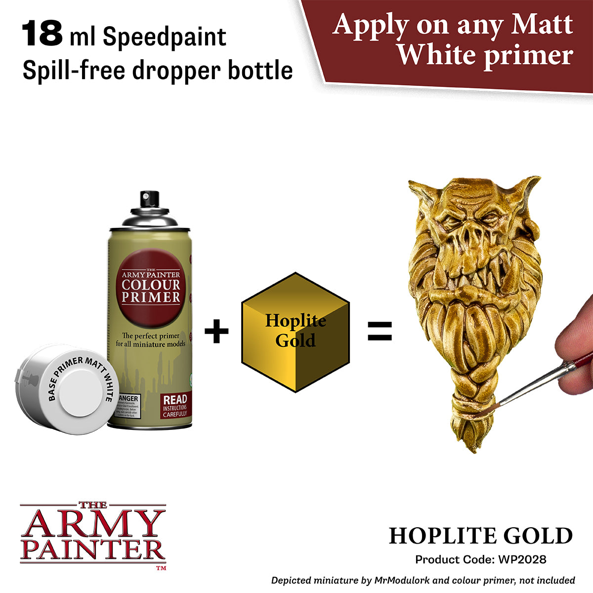 Product advertisement for 'The Army Painter' spray paint and primer with a gold miniaturized head.