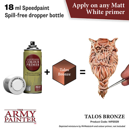 Product advertisement for 'The Army Painter' paint system with a dropper bottle, primer, and miniature owl figure.
