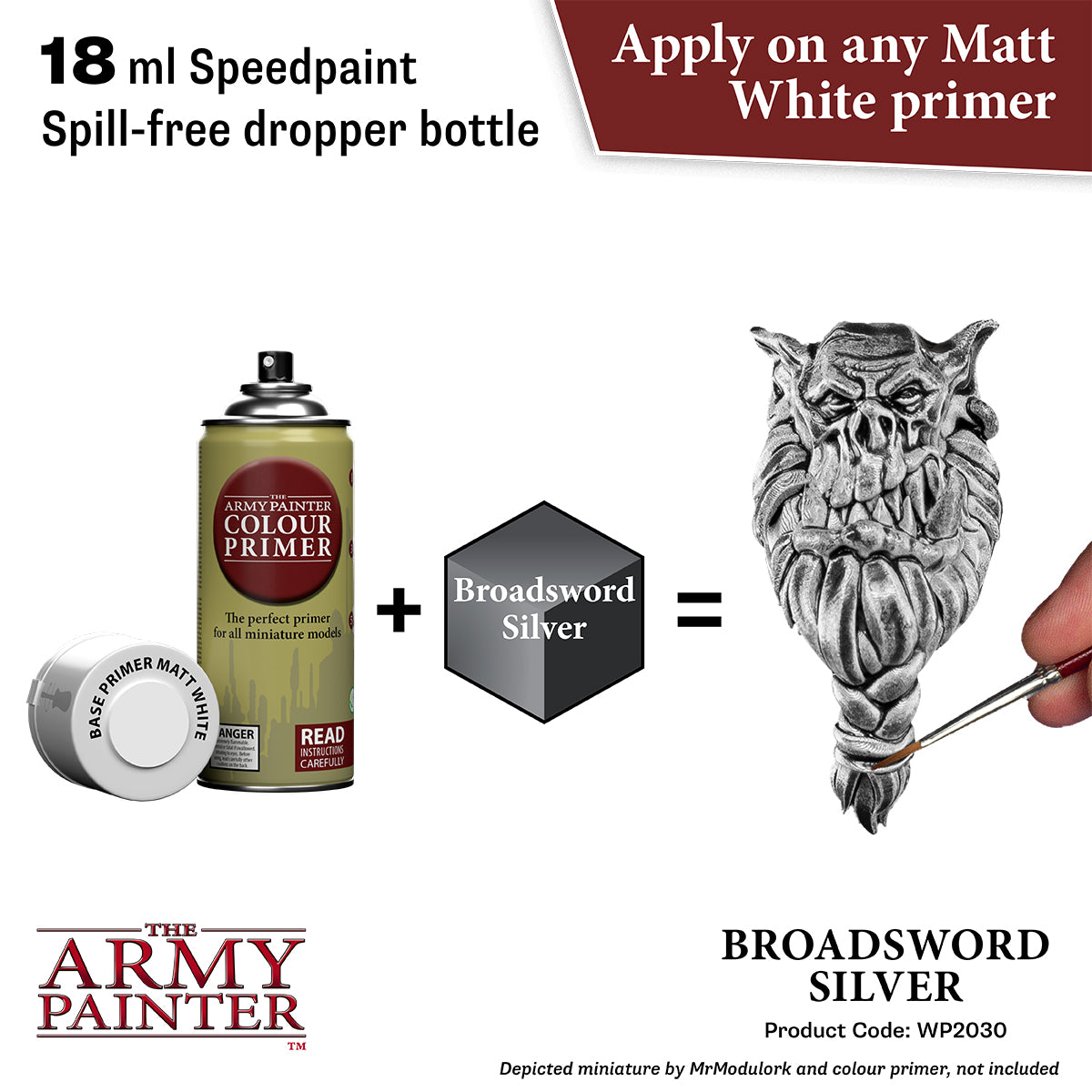 Advertisement for 'The Army Painter' paint product with a dropper bottle, primer, and a miniature figure.