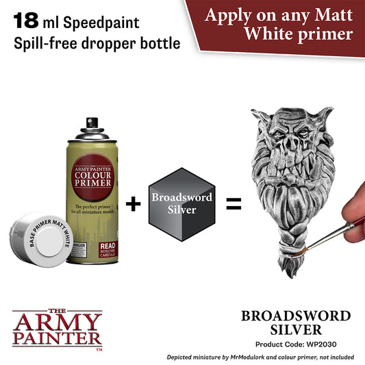 Advertisement for 'The Army Painter' paint product with a dropper bottle, primer, and a miniature figure.