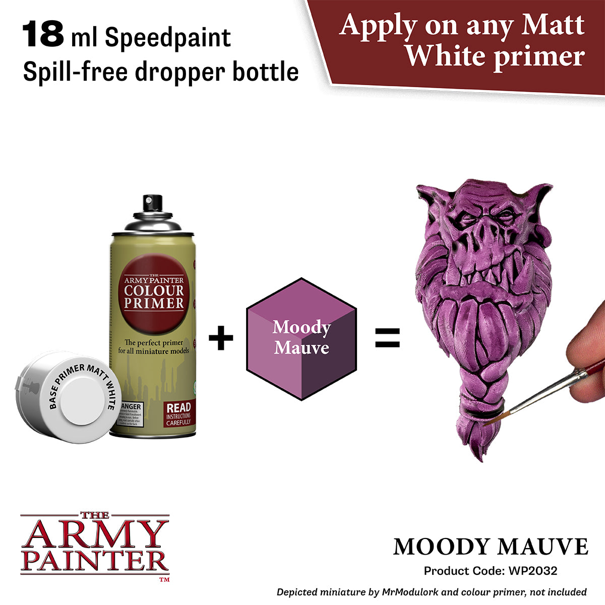 Army Painter color primer bottle with a dropper and a purple miniature owl, labeled 'Moody Mauve'.