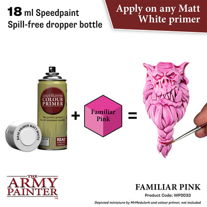 Product advertisement for 'The Army Painter' speedpaint with a pink miniature figure and primer bottle.