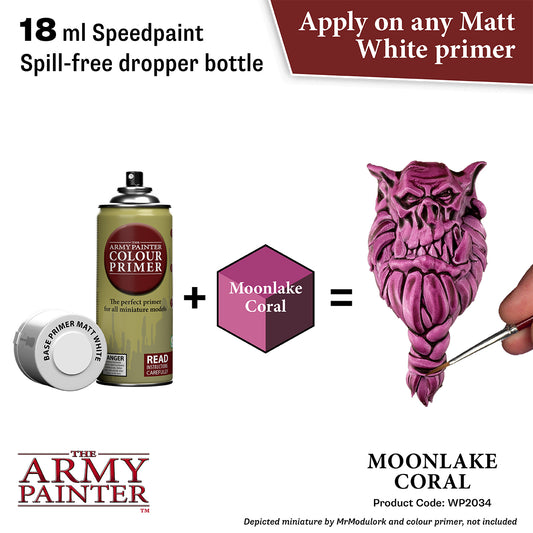 Product advertisement for 'The Army Painter' speedpaint with a dropper bottle and color swatch.