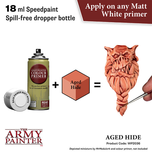 Product advertisement for 'The Army Painter' paint primer and 'Aged Hide' product with text and branding.