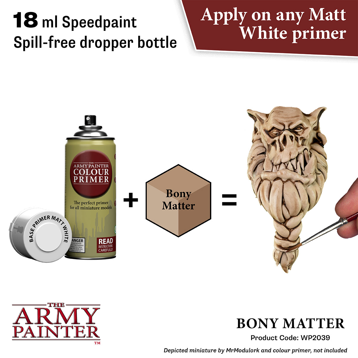 Product advertisement for 'Bony Matter' by The Army Painter with a spray can and wooden sculpture.