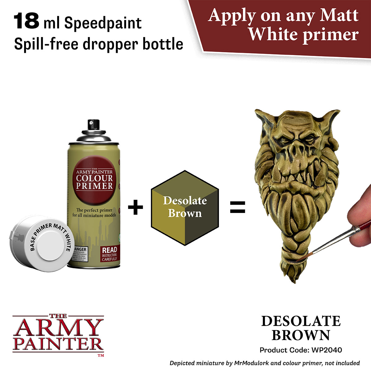 Desolate Brown paint color swatch with Army Painter primer and dropper bottle on a white background