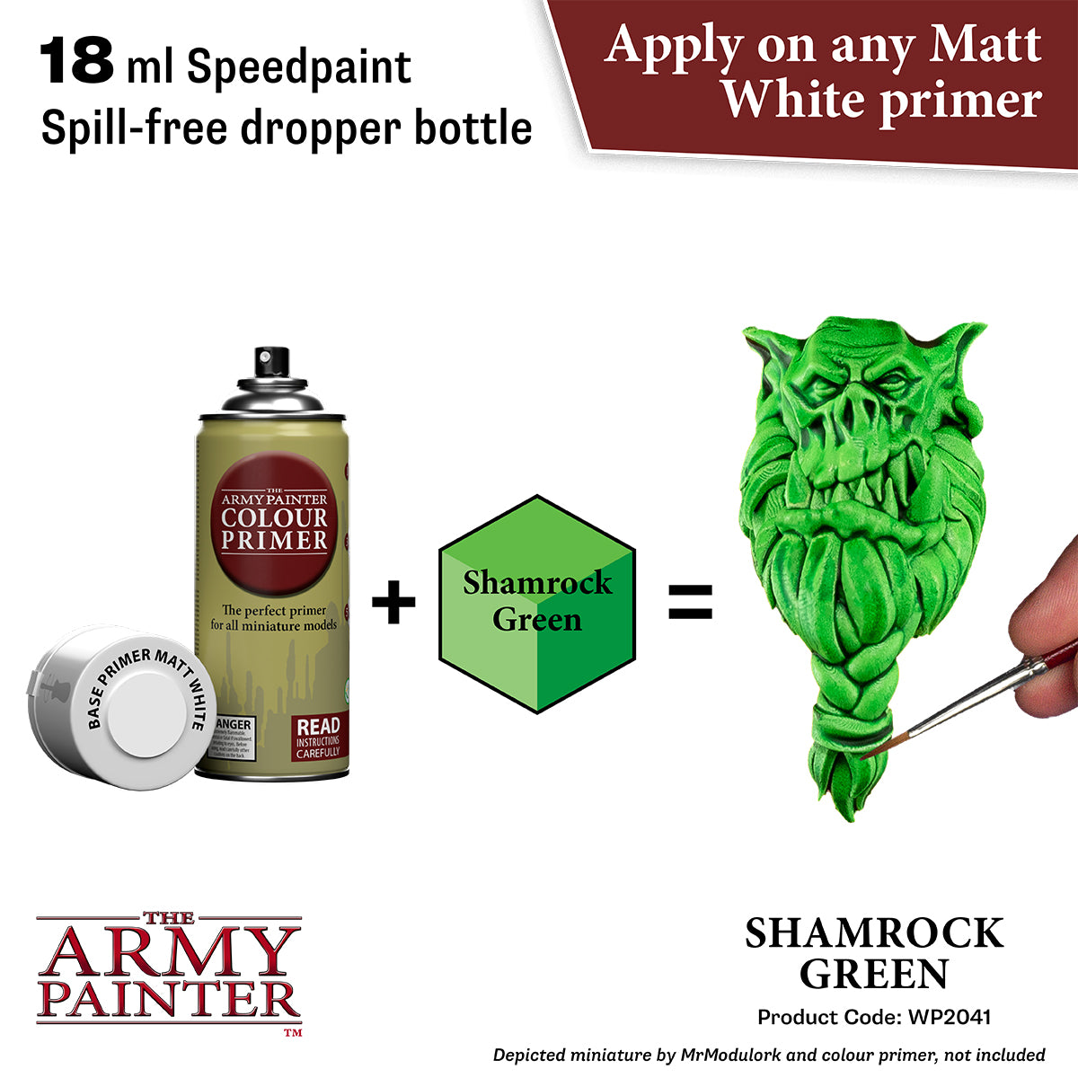 Green miniature figure being painted with text about Army Painter paint and primer
