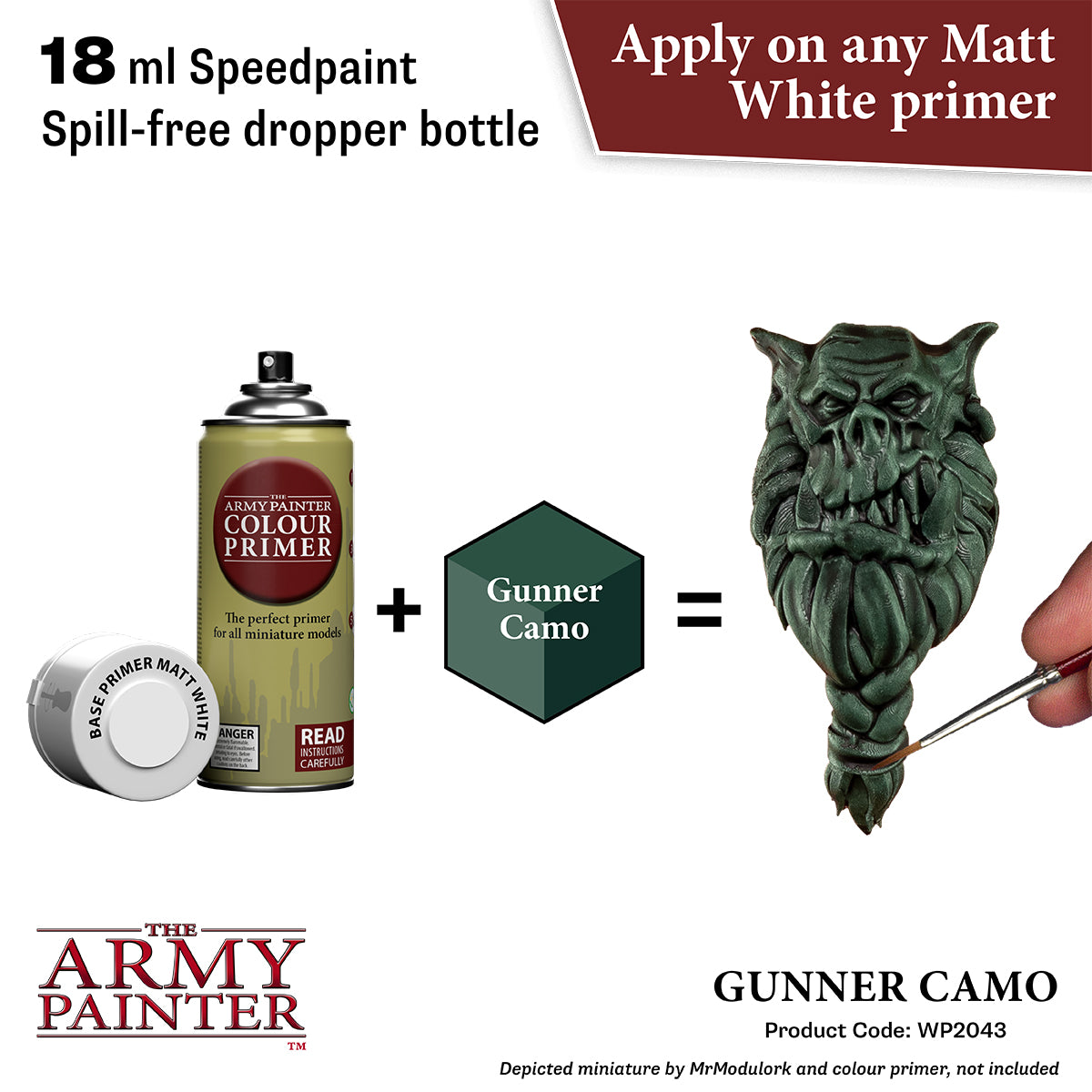 Product advertisement for 'Gunner Camo' paint by The Army Painter, showing a can of primer, a bottle of speedpaint, and a miniature figure.